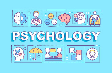 Psychology word concepts blue banner. Patient service and therapy. Infographics with icons on color background. Isolated typography. Vector illustration with text. Arial-Black font used