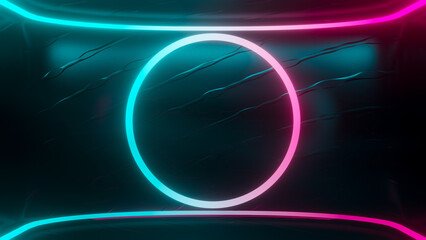 Futuristic sci-fi empty stage. reflective with Magenta and Green-Blue fluorescent neon tube. Technological elements innovation background, 3D Render.
