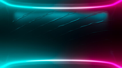 Naklejka premium Futuristic sci-fi empty stage. reflective with Magenta and Green-Blue fluorescent neon tube and multicolored smoke. Technological elements innovation background, 3D Render.