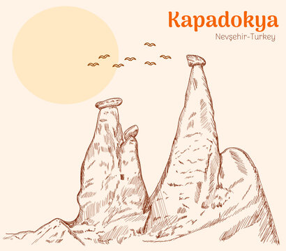 Cappadocia - nevsehir turkey. hand drawing vector illustration 