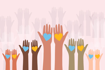 Many hands with hearts in Ukraine flag colors. Charity and donation concept concept. Non-profit organizations and humanitarian aid visualization. Stand with Ukraine.
