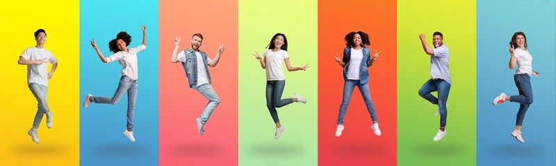 Joyful diverse people jumping up on colorful backgrounds, collage