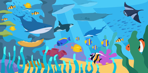 Bottom sea or ocean with corals reef, tropical fish, sharks, whales and rays. Vector illustration of underwater marine landscape with sea animals in cartoon style.