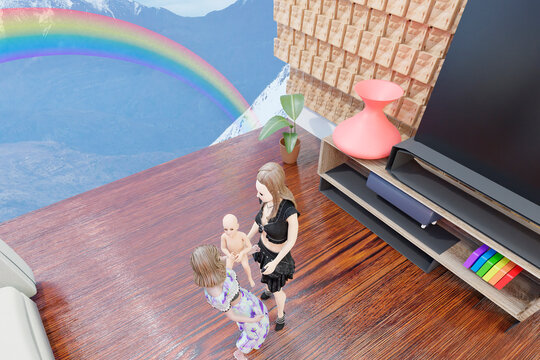 Next to the rainbow mountains apartment with diverse lifestyle homoparental multiethnic family with three elements married Caucasian woman with Latin mother taking care of her daughter THREE DIMENSION