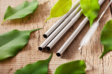 eco-friendly reusable metal drinking straw. zero waste concept