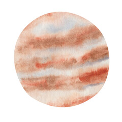 Watercolor illustration of hand painted brown orange planet Jupiter. Space and outer space. Extraterrestrial object of Solar system. Isolated clip art element for prints, banners, posters