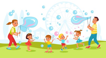 Obraz na płótnie Canvas Bubbles show. Adults make big soap balls in park for kids. Happy children play with flying soapy balloons. Outdoor leisure. People blow foam spheres. Boys or girls have fun. Vector concept