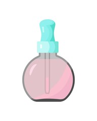 Bottle with an eyedropper. Cosmetic serum or oil for skin care. Transparent bottle with pink liquid and turquoise lid. Vector illustration in flat style.