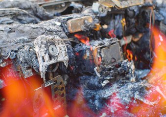 Burned modern car interior. Fire in the car.