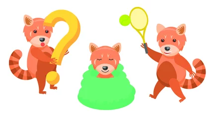Fotobehang Set Abstract Collection Flat Cartoon Different Animal Red Pandas Holding A Question Mark, Sleeping Wrapped In Blanket, Plays Badminton Vector Design Style Elements Fauna Wild © Дмитрий
