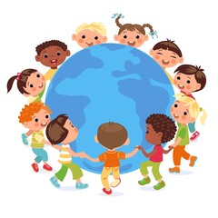 Children with Earth. Planet and kids around. Ecology and saving world concept. Happy boys or girls holding hands in round. Multiracial friends togetherness. Persons cooperation. Vector poster