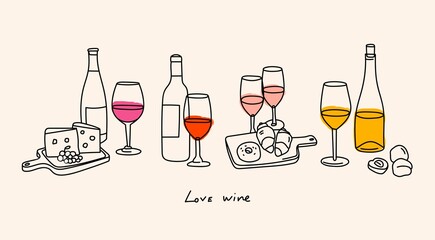 Various bottles and glasses of sweet and dry Wine. Red, white, rose wine, wooden plates with cheese, fruits, sweets. Traditional wine snacks. Hand drawn Vector illustration. All elements are isolated - obrazy, fototapety, plakaty