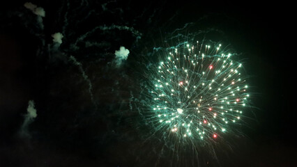 Fototapeta na wymiar Fireworks splashes in the sky. Pyrotechnics firework close up photo. Ecology conversation concept. 