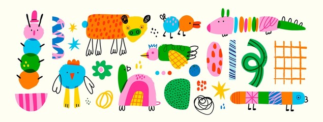 Various quirky creatures and doodle objects. Abstract monsters or fantastic animals. Childish style. Cute characters. Colorful trendy Vector set. Hand drawn illustration. All elements are isolated © Dariia