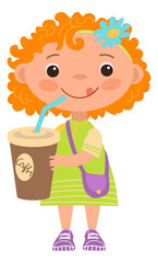 Cute child drink from plastic cup. Happy girl character