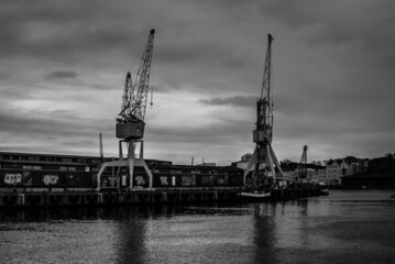 cranes in harbor of luebeck