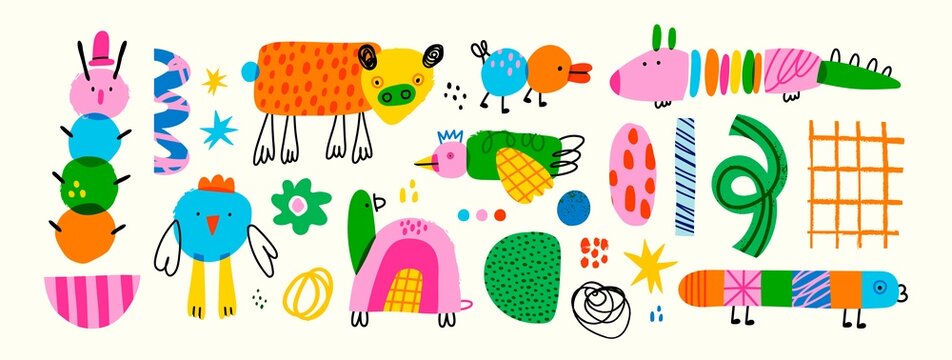 Various quirky creatures and doodle objects. Abstract monsters or fantastic animals. Childish style. Cute characters. Colorful trendy Vector set. Hand drawn illustration. All elements are isolated