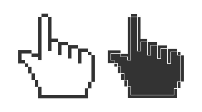 Hand click 8 bit icon. Pixel computer pointer symbol. Sign finger vector.