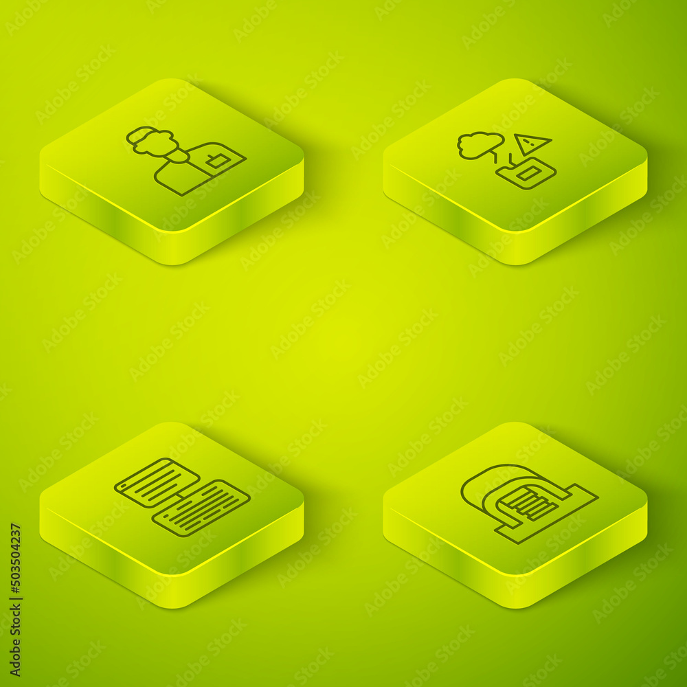 Aufkleber set isometric line cloud technology data transfer, server, data, web hosting, hangar with servers an