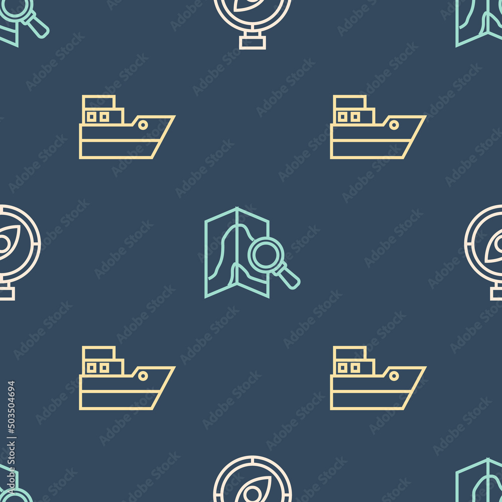 Poster set line compass, ship line path and search location on seamless pattern. vector