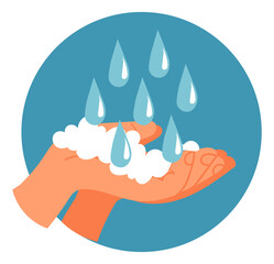 Human hands with foam and water droplets. Wetting palms