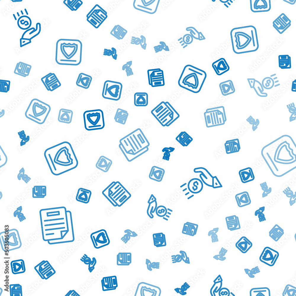 Poster set line document, coins on hand - minimal wage and shield on seamless pattern. vector