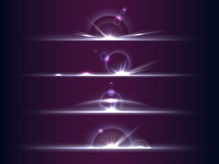 Lens flare shining borders. Realistic film highlights. Optical luminous effect. Magical glow. Light dividers with glares and bright rays. Glittering flashes. Vector illuminated lines set