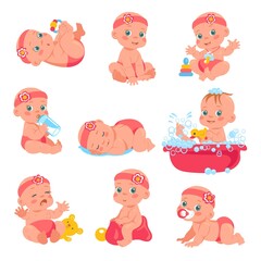 Newborn baby girl. Happy kid in pink headband and diaper. Daily toddler care. Little child in bathroom. Infancy age. Different emotions. Daughter playing or sleeping. Vector infants set