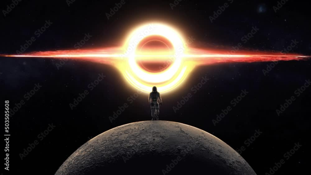 Poster 3d render of an astronaut walking on the moon with a supermassive black hole in front of him