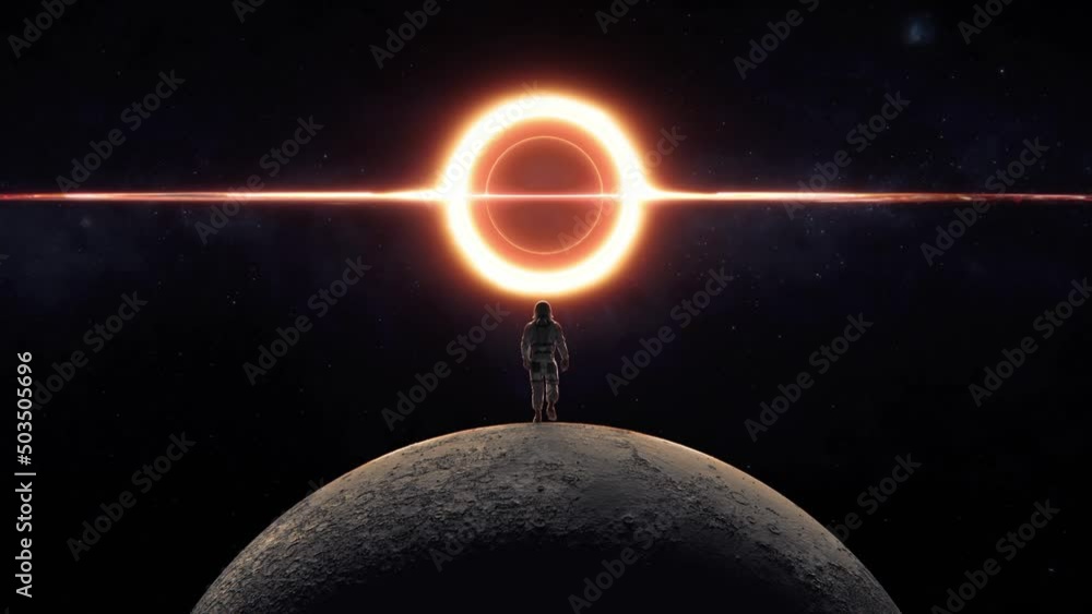 Aufkleber 3d render of an astronaut walking on the surface of the moon with a glowing black hole in front
