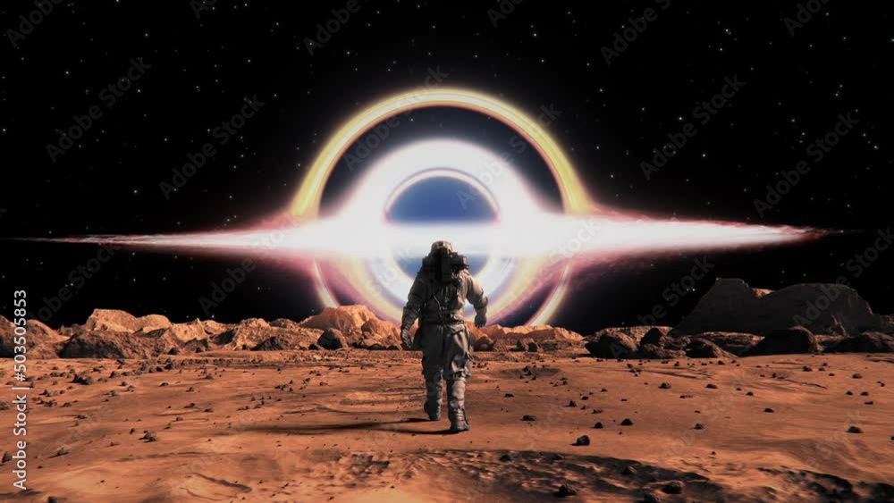 Aufkleber 3d render of an astronaut walking on the surface of mars with a black hole glowing in front of him