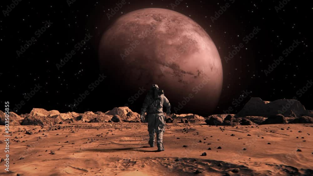 Aufkleber 3d rendering of an astronaut walking on the surface of a rocky planet with mars in the distance