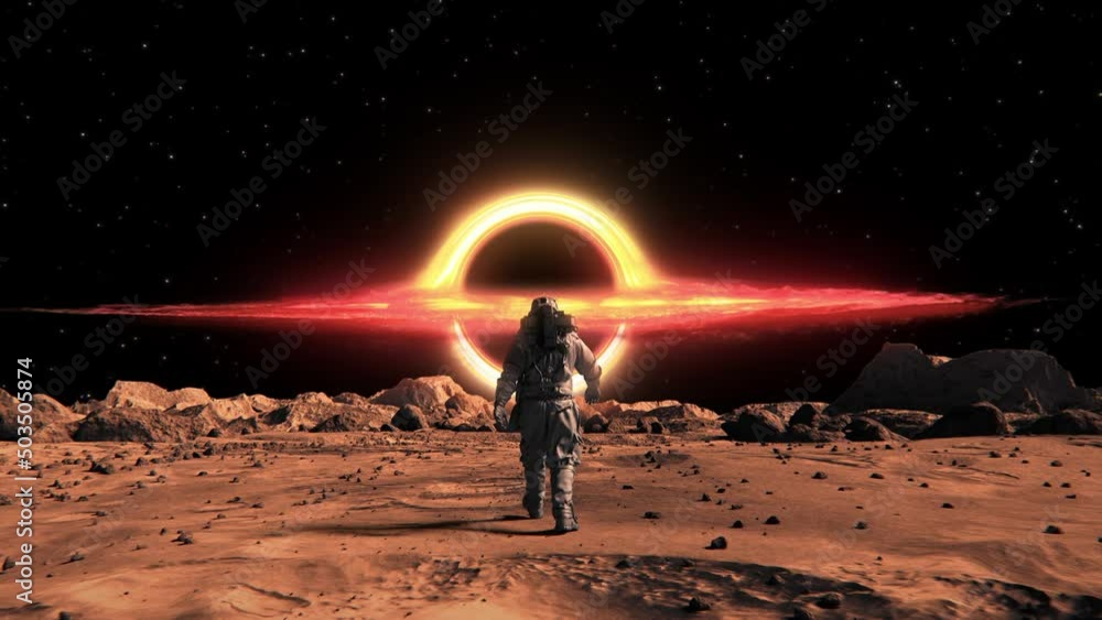 Aufkleber 3d render of an astronaut walking on the surface of mars with a supermassive black hole in front