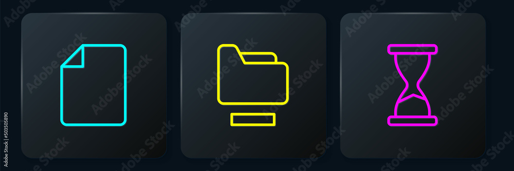 Aufkleber set line file document, old hourglass and document folder. black square button. vector