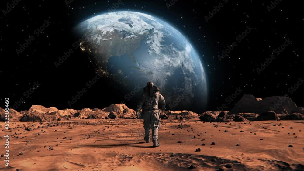 Poster 3d render of an astronaut walking around mars with earth glowing in the distance