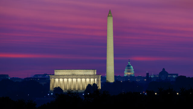 National Mall Monuments Across Potomac River TImelapse in Washington DC Lincoln Memorial Washington Monument United States Capitol at Sunrise