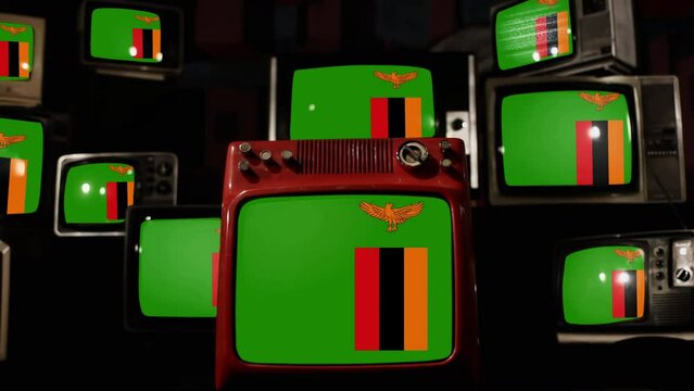 Flag of Zambia and Vintage Televisions. 4K Resolution.
