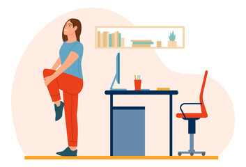 Workplace workout people. Woman doing sport exercises in office. Work break. Healthy lifestyle. Workspace physical training scene. Vector worker standing in fitness stretching position