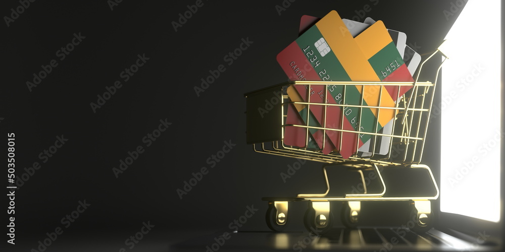 Poster credit card mockups with flags of lithuania in a small shopping cart on the laptop. 3d rendering