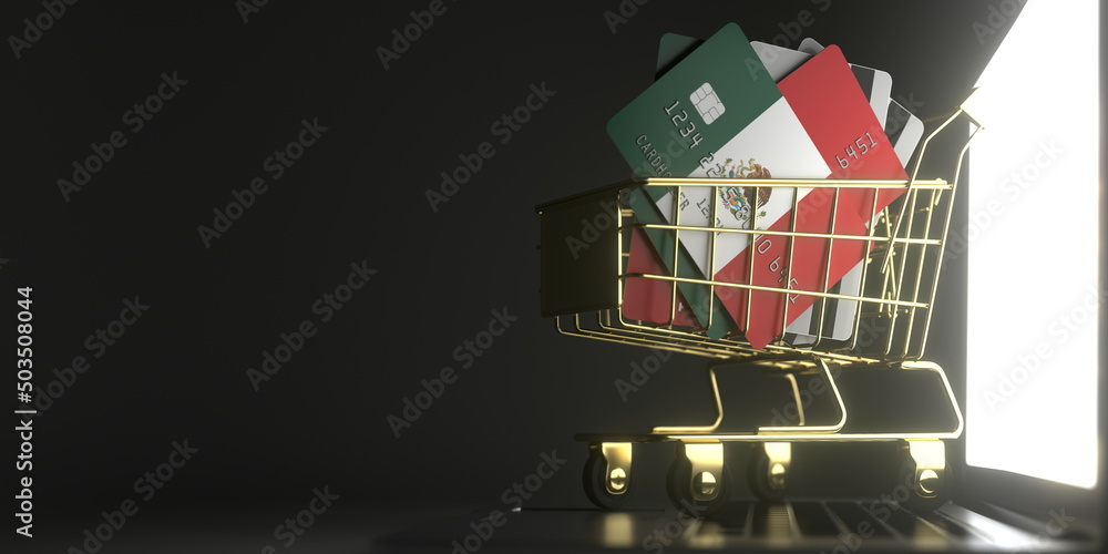 Poster credit card mockups with flags of mexico in a small shopping cart on the laptop. 3d rendering