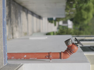 Vertical shot of a red fire hydrant water pipe near the road