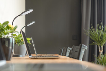 Modern coworking office interior with laptops, table lamps.