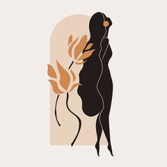 Gold and black feminine wall art, vector set. Artistic drawing of a silhouette in a mystical and abstract form. Abstract body art design for print, cover, wallpaper, minimal wall art.