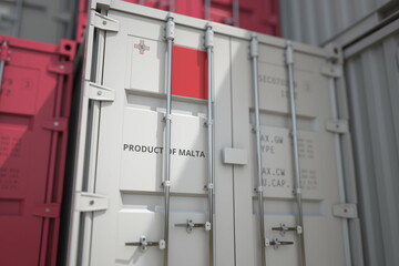Shipping container with goods from Malta and printed national flag. Production related 3D rendering