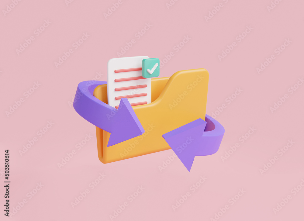 Poster yellow folder with files and arrow. file transfer concept. file sharing or sending document, documen