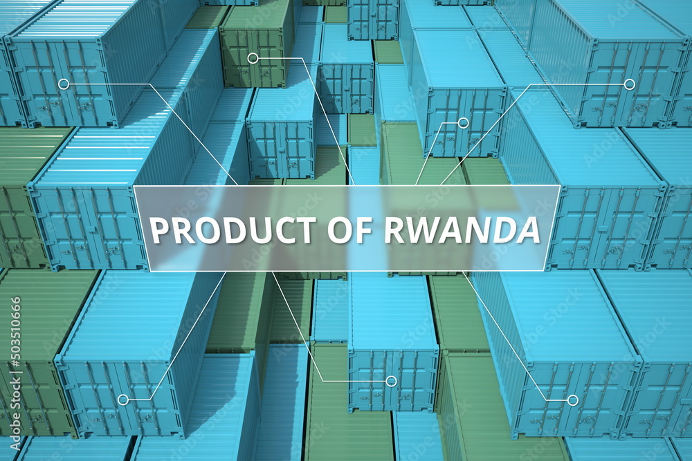 Poster many cargo containers with products of rwanda. export or import related 3d rendering