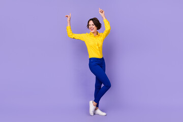 Fototapeta na wymiar Full size photo of nice millennial lady dance wear smart casual isolated on violet background