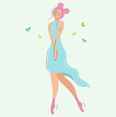 Girl with a butterfly on her nose.Cute pensive woman with pink showers. Beautiful modest woman ballerina or fairy on a gentle green background. Modern fashion character in flat style.
