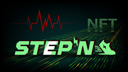 STEPN company logo icon and text NFT with red heartbeat string on dark background. Earn GMT tokens while walking in NFT sneakers with Move to Earn concept.