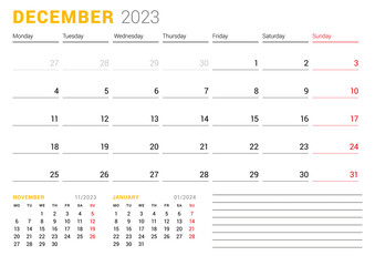 Calendar template for December 2023. Business monthly planner. Stationery design. Week starts on Monday.